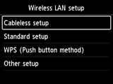 Wireless LAN setup screen: Select Cableless setup